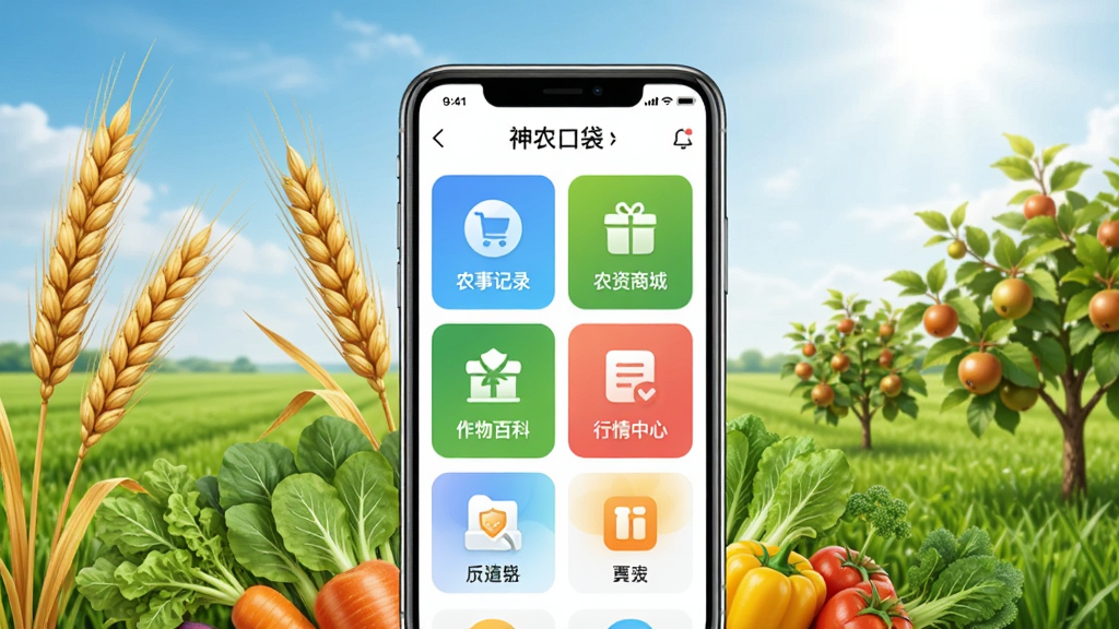 һ��չʾ��ũ�ڴ�App���Ĺ��ܵ�����ͼ������������һ�������ֻ�����Ļ��ʾ��ũ�ڴ��������棬����ũ�¼�¼��ũ���̳ǡ�����ٿơ��������ĵȲ�ɫͼ��ģ�飬�ֻ���Χ���������롢�߲ˡ�������ũҵԪ�أ�����������µ���ɫ��Ұ������������дʵ�����ʸɾ��޶���Ԫ��