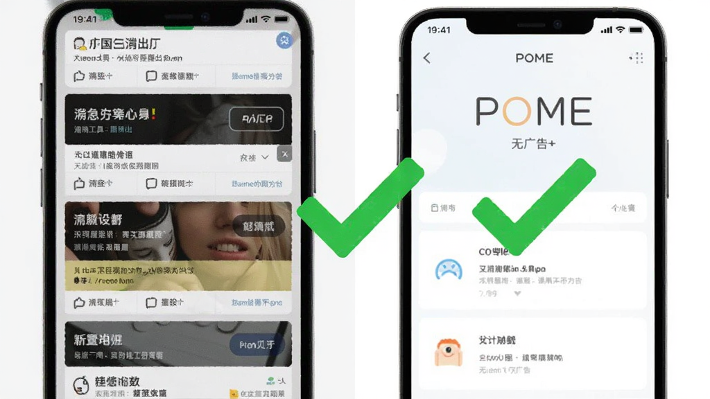 对比图左侧是其他工具类APP满屏广告的杂乱界面,右侧是