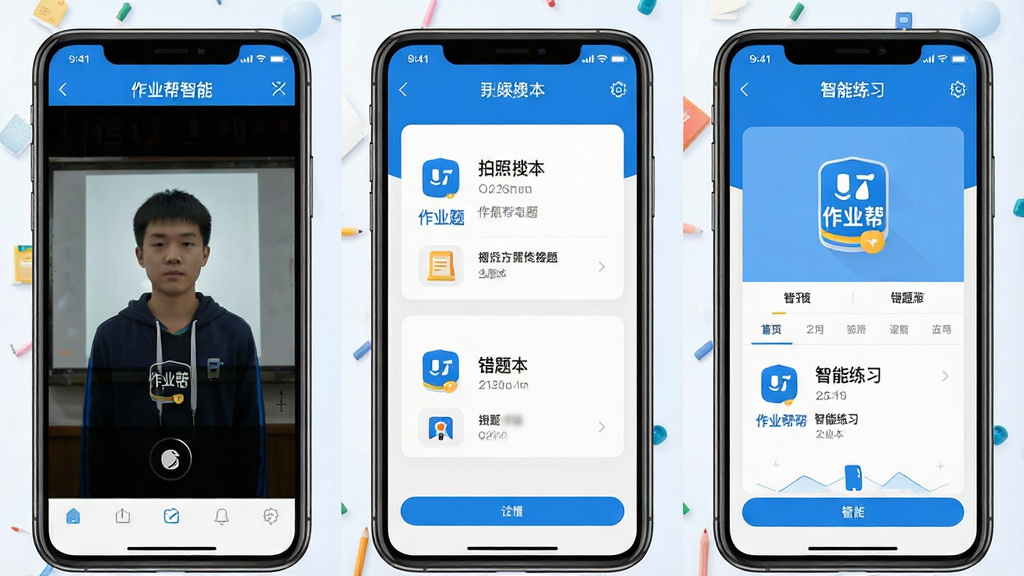 һ��չʾ��ҵ������APP���Ĺ��ܵ��ֻ���ͼƴ�������������ֻ���Ļ����ʾ�������⡢���Ȿ��������ϰ�������ģ��Ľ���Ԥ�������ֲ�����������չʾ���Ű���Ϊ�ִ���ƽ������ɫ��Ϊ������䣬ϸ����ÿ�����ܿ�Ƭ����������ͼ������ֱ�ע����ҵ�����ܡ������廭�ʸ���ͨ͸���޶���Ԫ�ء�