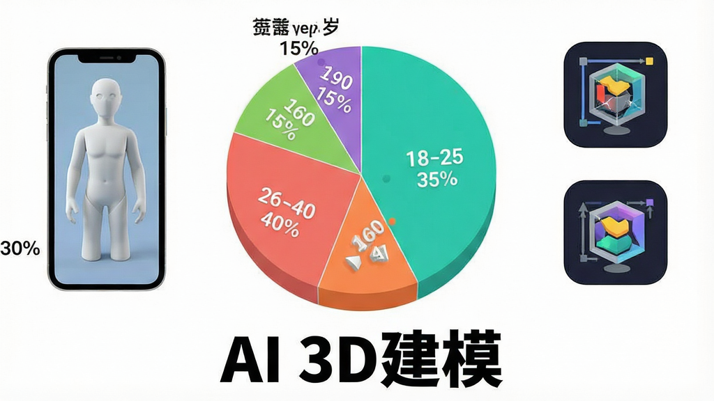 һ�ű�״ͼ��չʾAI 3D��ģ�������û�����ֲ�������18-25��ռ35%��26-40��ռ40%��41-60��ռ15%��60������ռ10%��ͼ����ɫ�����������Ա������ֻ�ģ�ͺ�����ͼ�꣬ͼƬ�ײ��С�AI 3D��ģ�����������ʸɾ��޶���Ԫ�ء�