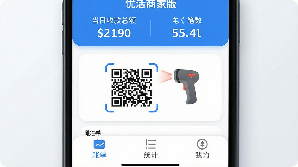 һ�������ֻ���Ļ��д����Ļ����ʾ���Ż��̼Ұ桱�������棬����������Ϊ��ɫ����������ʾ�����տ��ܶ�ͱ������м����տ��ά���ɨ��ǹͼ�꣬�ײ�Ϊ�˵���ͳ�ƺ��ҵ�����ѡ������岼�����������ֱ�ǩ��ȷ������ִ���ƽ��ϸ��Բ�󣬻��ʸɾ��޶���Ԫ�ء�