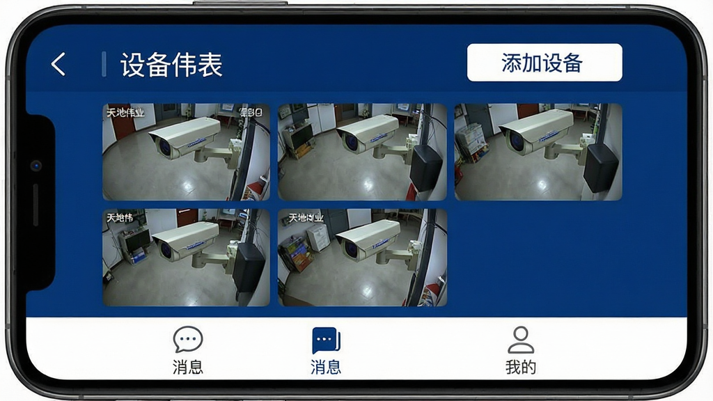 һ��չʾ�����ֻ���װ�����ΰҵ��App���������ͼ������������ɫ�Ͱ�ɫΪ��ɫ����������ʾ���豸�б����͡������豸����ť���м��Ǽ����������ͷ��ʵʱ��������ͼ���ײ��С���Ϣ�������ҵġ���ѡ����������ִ���࣬ͼ���������������ʸ���ɾ����޶���Ԫ�أ����������ɼ������ΰҵ���ĸ��֡�
