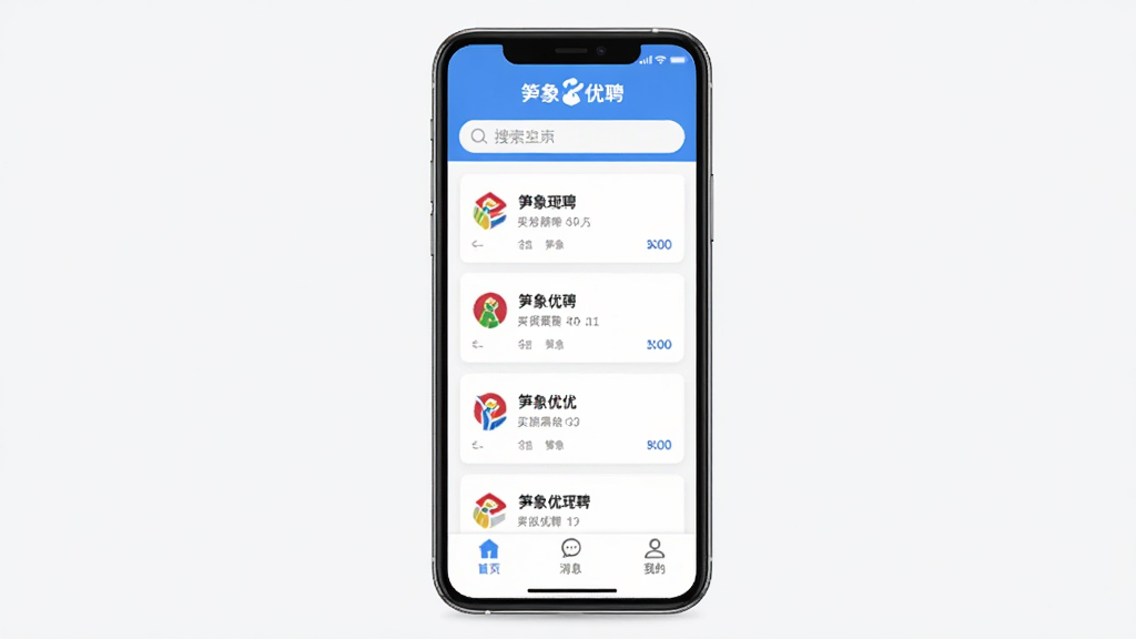 һ���ֻ���Ļչʾ��������Ƹ��APP�����棬�������������м��б���ʾ���ְλ��Ƭ��ÿ����Ƭ�й�˾logo��ְλ���ƣ��ײ��С���ҳ��������Ϣ�������ҵġ�������ǩ������������ɫ����ƽ����ƣ�����ɾ��������޶���Ԫ��