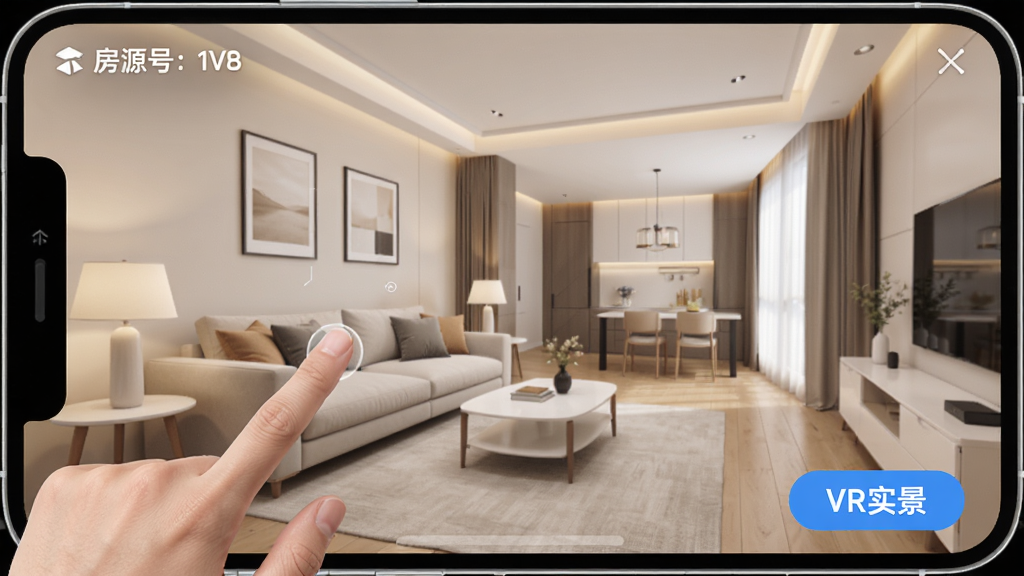 ס����App��VR�������ܽ��棬չʾһ���ִ�װ�޷��Ŀ������û���ָ������Ļ�л��ӽǣ��������½��С�VRʵ������ť�����Ͻ���ʾ��Դ��ţ�����ɫ��������ܰ�����沼�����������дʵ�����ʸ���ɾ����޶���Ԫ�ء�