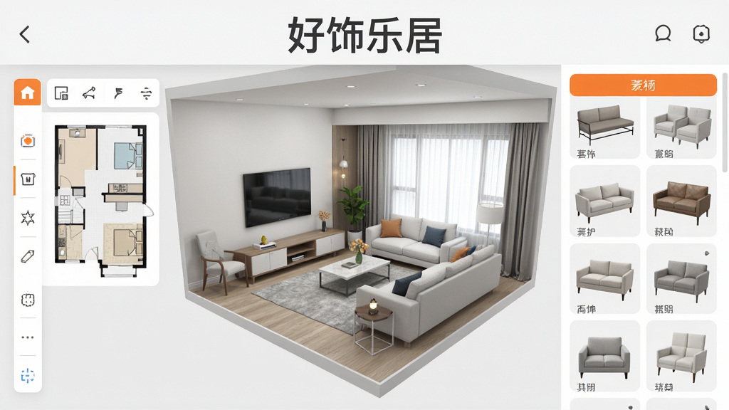 一张展示“好饰乐居”App主界面的高清截图,画面中央是一个现代简约风格的客厅3D模型,左侧有户型图编辑工具栏,右侧是家具素材库列表,整体界面以浅灰色和白色为主,配以橙色点缀,风格简洁明快,画质干净无多余元素,突出“好饰乐居”四个字作为标题。