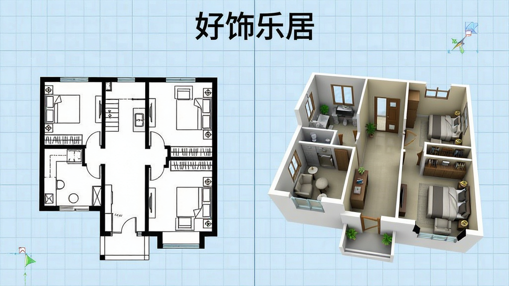 一张展示“好饰乐居”智能识别户型功能的截图,画面左侧是原始户型图纸,右侧是自动生成的3D户型模型,墙体、门窗、家具布局清晰可见,背景为浅蓝色网格,风格专业清晰,画质干净无多余元素,标题为“好饰乐居”。