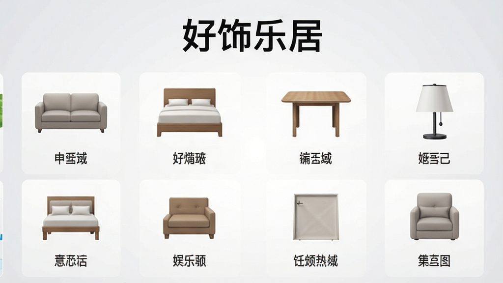 一张展示“好饰乐居”素材库界面的截图,画面中央是分类排列的家具图标,包括沙发、床、餐桌、灯具等,每个图标下方标注名称,背景为浅灰渐变,风格整齐有序,画质干净无多余元素,标题为“好饰乐居”。