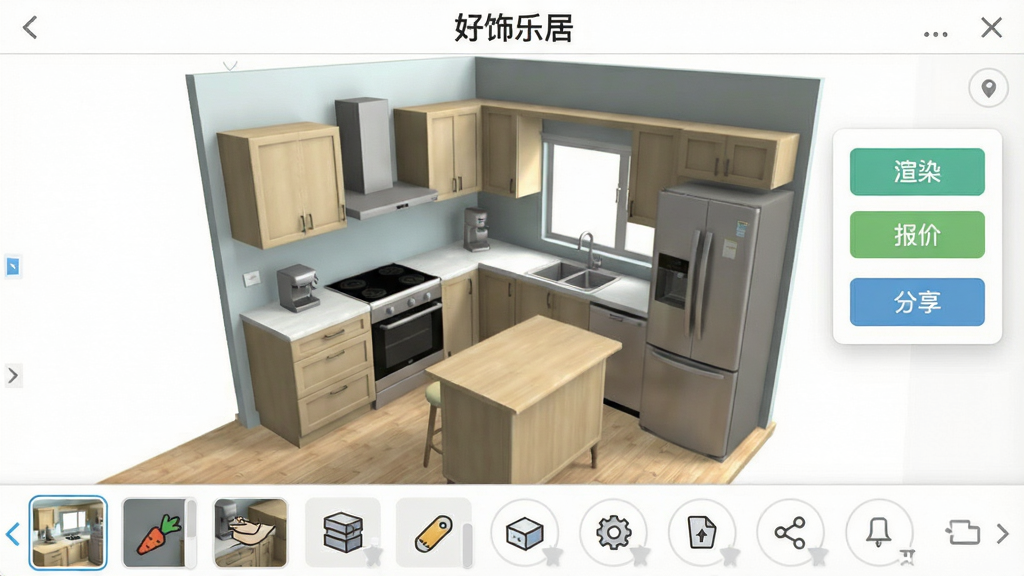 一张展示“好饰乐居”操作界面的截图,画面中央是一个正在编辑的厨房3D模型,右侧悬浮工具栏包含“渲染”、“报价”、“分享”按钮,底部是素材分类栏,整体界面风格清新明亮,画质干净无多余元素,标题为“好饰乐居”。