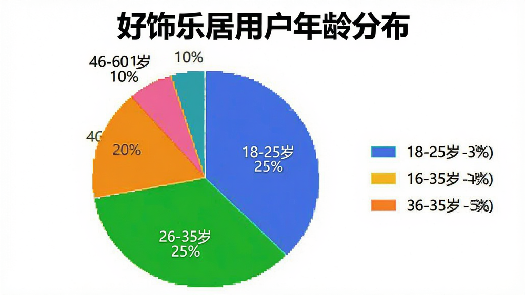一张饼状图,展示“好饰乐居”用户年龄分布,18-25岁占25%,26-35岁占45%,36-45岁占20%,46-60岁占10%,配色鲜艳,图例清晰,背景白色,画质干净无多余元素,标题为“好饰乐居用户年龄分布”。