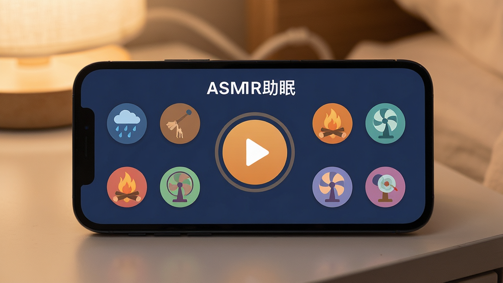 一张手机屏幕特写,手机横屏放置在床头柜上,屏幕显示“ASMR助眠”APP主界面,界面以深蓝色和暖橙色为主,中央是一个大大的圆形播放按钮,四周环绕着雨声、篝火、风扇等彩色图标,整体氛围宁静温馨,画面干净无多余元素,画质细腻柔和