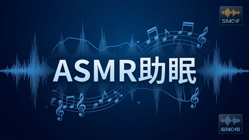 一幅高品质音频波形图海报,背景是深蓝色渐变,中央展示“ASMR助眠”四个字,周围环绕着声波曲线和音乐符号,布局简洁大方,风格现代科技感,细节处显示高解析度音频标识,画质干净清晰