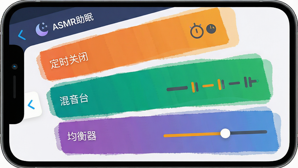 一张手机截图风格图片,展示“ASMR助眠”APP的设置界面,包含“定时关闭”、“混音台”、“均衡器”等选项,界面用色块区分,风格简洁现代,细节清晰,画面干净无多余元素