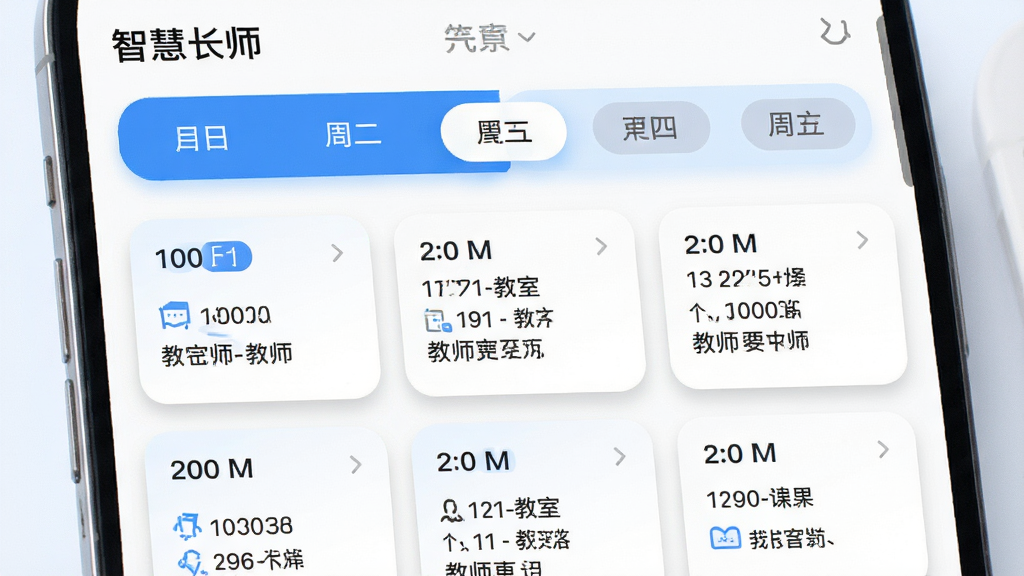 主体:“智慧长师”App的课表界面,显示一周课程安排;布局:上方是星期切换栏,下方是课程列表;排版:课程卡片整齐排列,时间、教室、教师信息齐全;风格:清新简约,蓝白色调;细节:当前日期高亮显示,卡片有圆角阴影;画质:高清,干净无多余元素