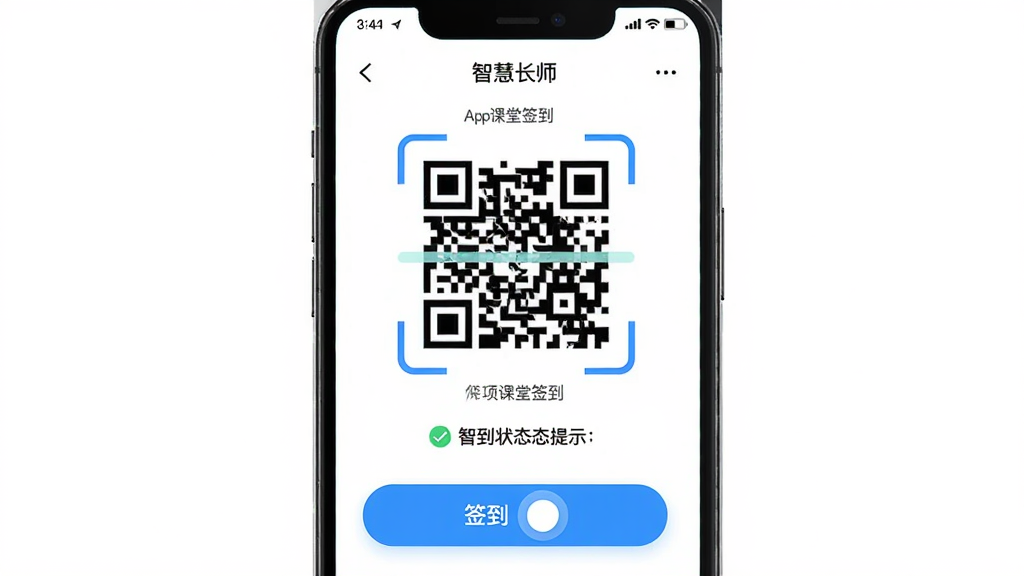 主体:“智慧长师”App的课堂签到界面,显示签到二维码和签到按钮;布局:中央为二维码扫描区域,下方为签到状态提示;排版:简洁直观,操作按钮突出;风格:扁平化设计,色彩明快;细节:二维码周围有提示边框,按钮有按压效果;画质:高清,干净无多余元素