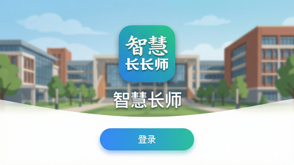 主体:智慧长师App的启动界面,展示校园建筑背景和“智慧长师”字样;布局:中央为App图标和名称,下方有“登录”按钮;排版:简洁大气,信息层级分明;风格:现代扁平化设计,色彩清新明快;细节:界面干净,图标精致,带有细微的阴影效果;画质:4K高清,干净无多余元素