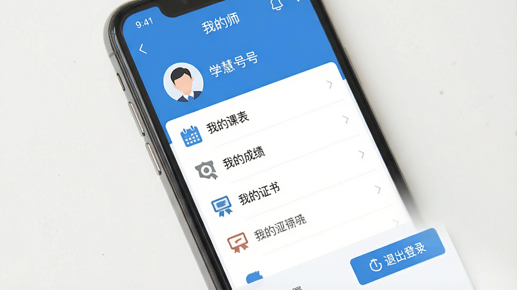 主体:一部手机屏幕显示“智慧长师”App的“我的”页面;布局:上方是用户头像和学号,下方是功能列表,包括“我的课表”“我的成绩”“我的证书”等;排版:列表清晰,图标简洁;风格:扁平化设计,蓝白配色;细节:有“设置”和“退出登录”按钮;画质:高清,干净无多余元素
