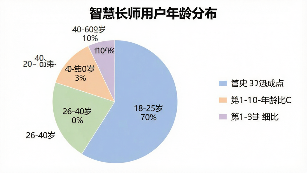 主体:一张饼状图,标题为“智慧长师用户年龄分布”;布局:饼状图清晰展示不同年龄段比例,图例在右侧;排版:数据标签明确,百分比显示;风格:简洁商务风,色彩柔和;细节:18-25岁占70%,26-40岁占20%,40-60岁占10%;画质:高清,干净无多余元素