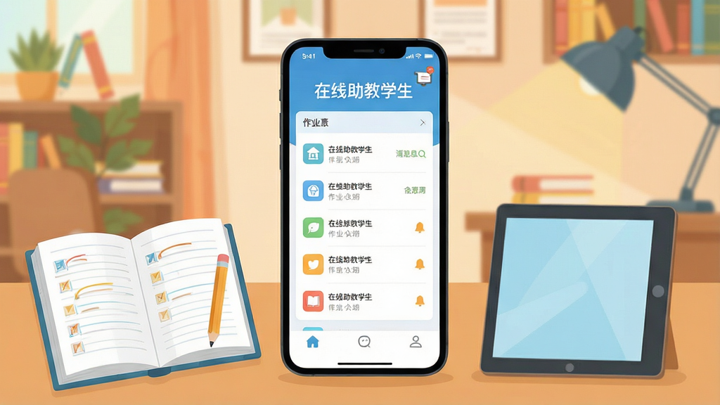 一幅展示在线助教学生App核心功能的场景图,主体是手机屏幕上的应用主界面,屏幕上清晰显示“在线助教学生”字样,周围有作业本、铅笔、平板电脑等学习元素,背景是温馨的书房,布局采用中心构图,画面风格扁平清新,细节包括作业列表、消息提醒图标,画质干净无多余元素