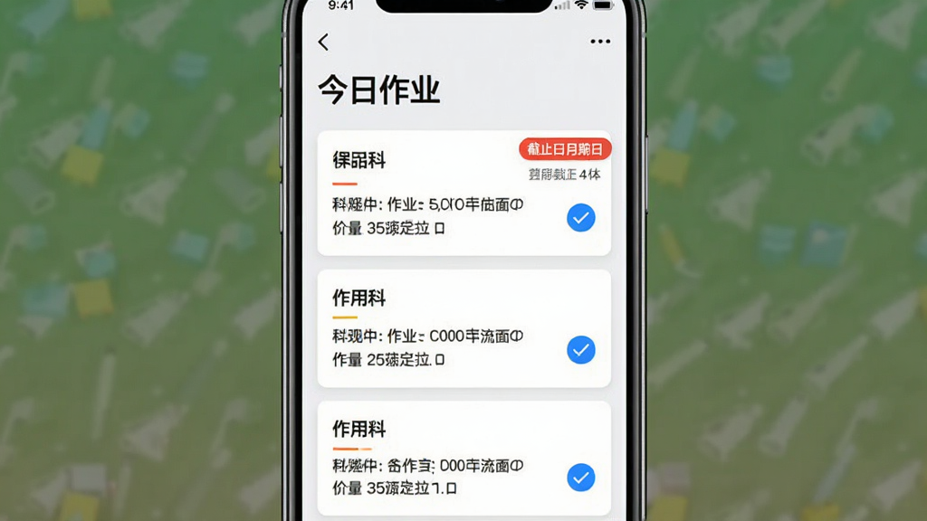 在线助教学生App作业列表界面,主体是手机竖屏截图,顶部有“今日作业”标题,下方按科目分类的作业卡片,每张卡片显示科目名称和作业内容,布局为列表式,风格简洁现代,细节有红色截止日期标签和蓝色完成勾选图标,画质干净无多余元素