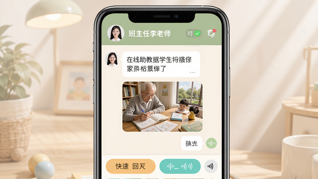 在线助教学生App家校沟通界面,主体是聊天对话框样式,顶部显示“班主任李老师”头像,消息内容包含文字和图片,界面下方有快捷回复按钮,布局为上下结构,风格温馨友好,细节有已读回执标识和语音条,画质干净无多余元素