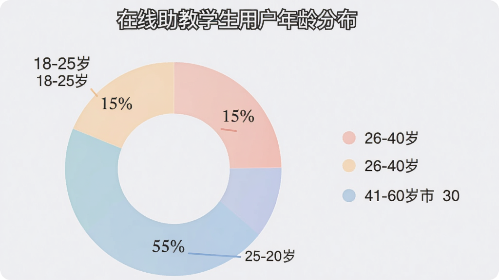 用户评价饼状图,主体是圆环图,显示18-25岁占15%,26-40岁占55%,41-60岁占30%,图例在右侧,配色柔和,风格简洁现代,背景为浅灰色,细节有百分比标签和“在线助教学生用户年龄分布”标题,画质干净无多余元素