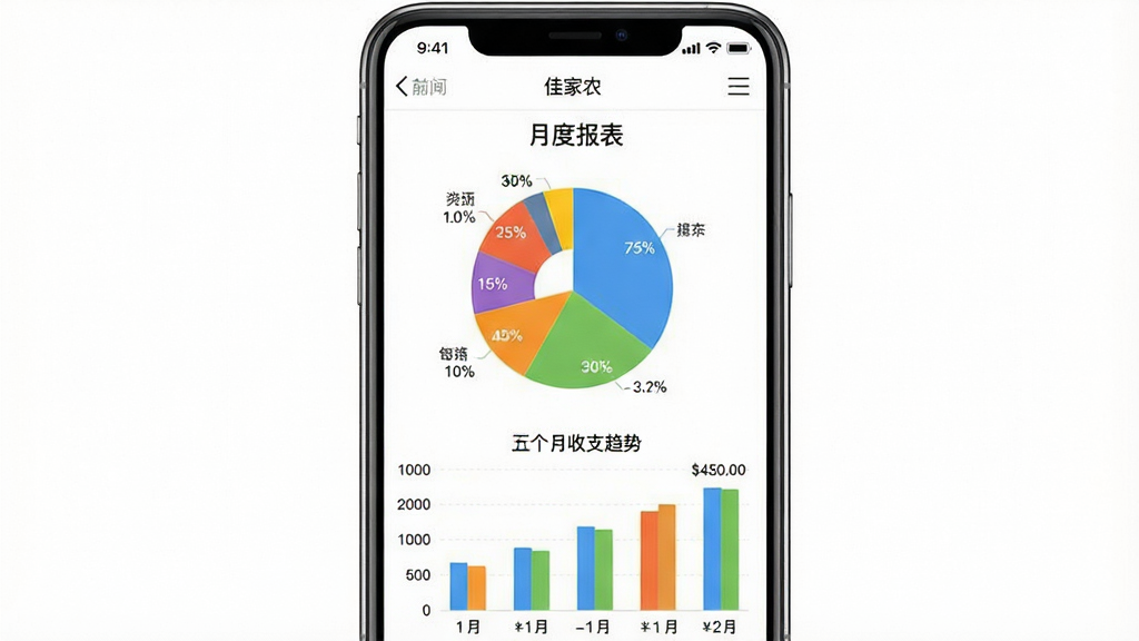 һ���ֻ�App��ͼ��չʾ���Ѽ�ũ���ı���ҳ�棬������ʾ���¶ȱ��������⣬�м��ǲ�ɫ��״ͼ��չʾ��ͬ�����֧��ռ�ȣ��·�����״ͼչʾ�������µ���֧���ƣ�ͼ���·��о������ֱ�ע���������࣬�԰�ɫΪ������ͼ����ɫ���޵������ۣ��������������ʸɾ����ֻ���Ļ���У��޶���Ԫ��