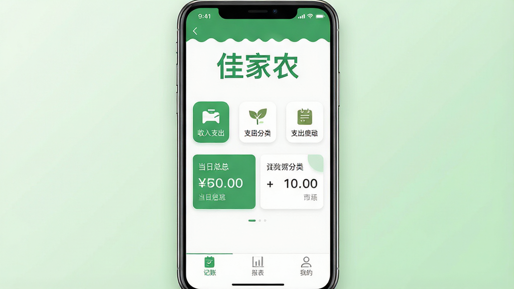 һ�Ÿ����ֻ���ͼ��չʾ���Ѽ�ũ��App�������棬������ʾ���Ѽ�ũ���������֣��м�������������֧������ͼ��͵��ջ������ݿ�Ƭ���·��С����ˡ����������������ҵġ������ײ���ǩ�����������ִ�������ɫ�Ͱ�ɫΪ��ɫ������ƽ����ƣ�����ɾ��޶���Ԫ�أ��ֻ���Ļ���У�����Ϊ����ɫ���䣬�����������������