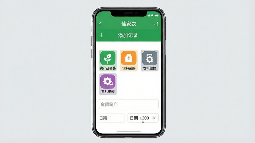 һ���ֻ�App�����ͼ����ʾ���Ѽ�ũ���ļ���ҳ�棬�����С����Ӽ�¼�����⣬�·��Ƿ���ѡ������չʾ��ũ��Ʒ���ۡ��������ϲɹ�������ũ��ά�ޡ���ͼ�꣬ÿ��ͼ����ɫ��ͬ���������룬�·��н������������ѡ��������������ˬ���԰�ɫ����ɫΪ������ƽ����ƣ�ͼƬ�������޶���Ԫ�أ��ֻ���Ļ���У�����Ϊǳ��ɫ�����ʸɾ�
