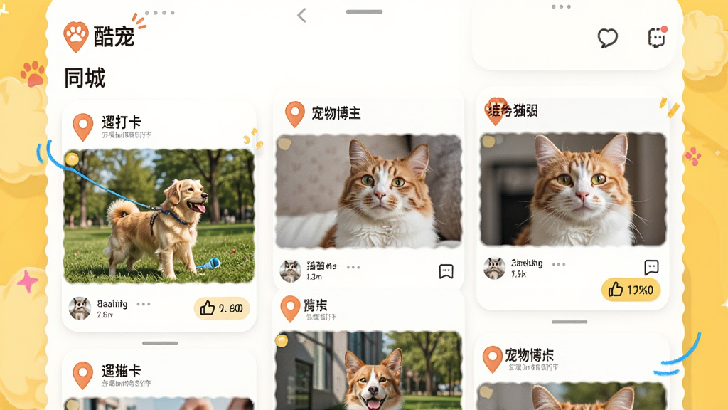 һ���罻����ʾ��ͼ�������ǡ���衱App�ġ�ͬ�ǡ���飬չʾ�������ﲩ���Ķ�̬��Ƭ�����޹��򿨺�è����Ƭ���������ٲ�����ʽ���Ű���ã��������������ϸ�ڰ�����λͼ��͵������۰�ť�����ʸɾ��޶���Ԫ�ء�