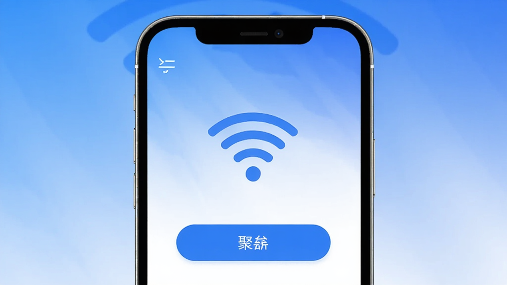 �ֻ���Ļչʾ��APP�����棬������������ɫ���м���ʾWiFi�ź�ͼ������Ӱ�ť������Ϊ������������ִ���ƽ�����ʸɾ��޶���Ԫ�ء�