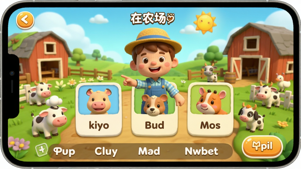 模拟“英语嘟嘟”App中的“在农场”主题场景,画面里有卡通农场主和小动物,孩子需要点击动物卡片学习对应的英文单词,界面底部有中英文对照字幕,整体色彩温暖明亮,卡通渲染风格,UI交互按钮清晰可见,画质干净无多余元素。