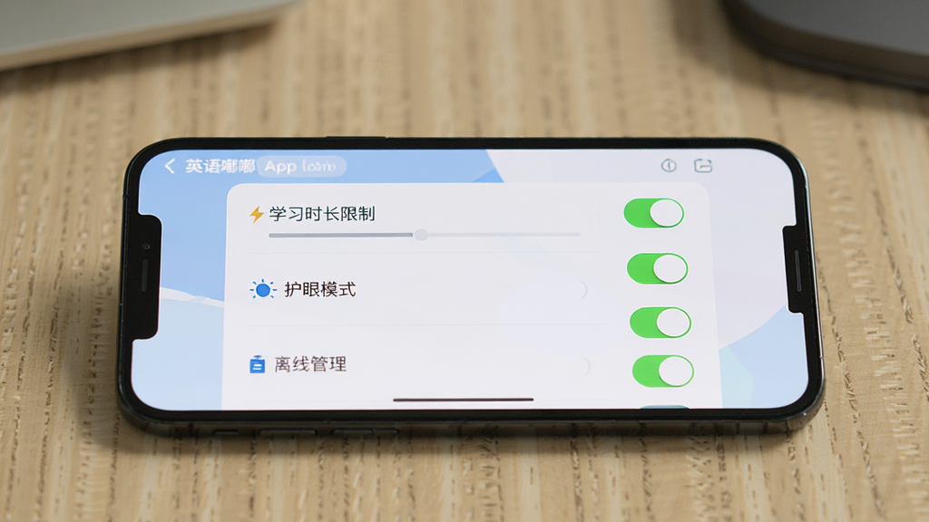 手机横屏放置在桌面上,屏幕显示“英语嘟嘟”App的设置界面,界面上有“学习时长限制”、“护眼模式”、“离线管理”等清晰的功能开关,画面简洁明亮,强调家长控制功能,写实风格,画质干净无多余元素。