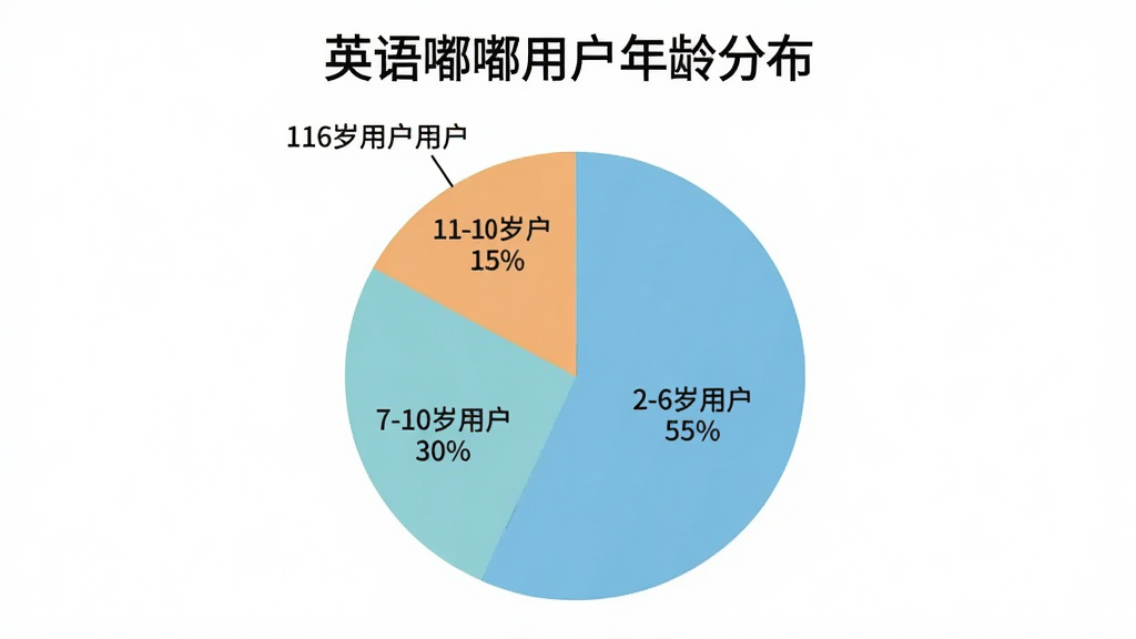 一个饼状图,标题为“英语嘟嘟用户年龄分布”,图中显示2-6岁用户占55%,7-10岁用户占30%,11岁以上用户占15%,配色清新,图表清晰,扁平化设计,画质干净无多余元素。