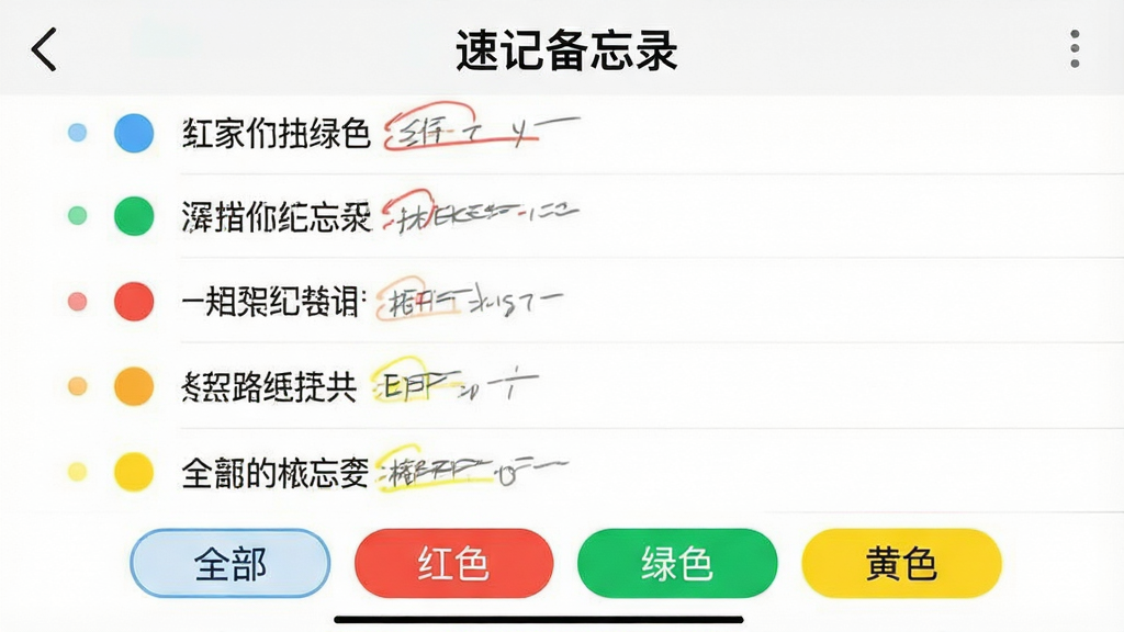 һ���ֻ���ͼ��չʾ���ټǱ���¼���ı�ǩɸѡ���棬��Ļ���ж����ʼǣ�ÿ���ʼ�����в�ͬ��ɫ��СԲ���ǩ���ײ��С�ȫ����������ɫ��������ɫ��������ɫ����ɸѡ��ť�������࣬ɫ�����죬���ʸɾ����޶���Ԫ��