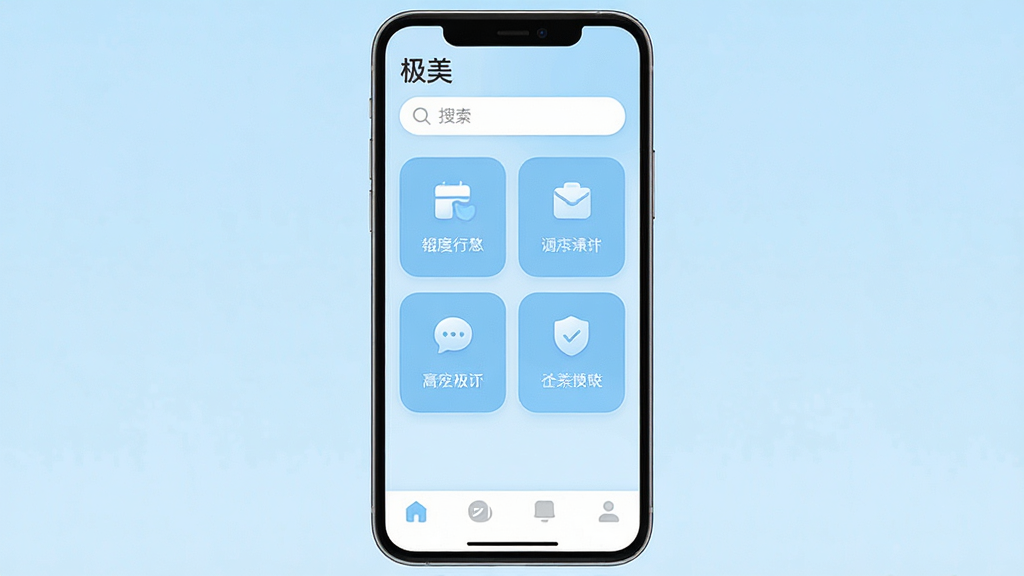 一张手机界面截图,显示“极美”App的主界面,顶部是搜索栏,中间是几个圆角功能卡片,底部是简洁的导航栏,整体以浅蓝色为主色调,布局规整,排版清晰,风格现代扁平,细节圆润,画质干净无多余元素。