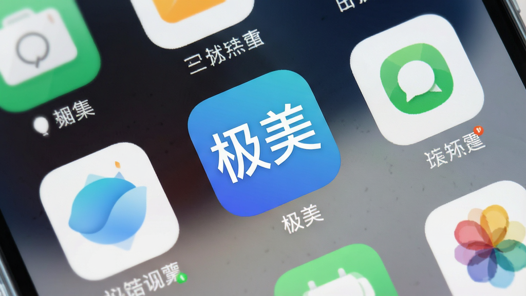 一张展示手机主屏幕的图片,屏幕中央显示“极美”App的图标,图标设计简约现代,以蓝白渐变为底色,周围环绕着清爽的UI元素,整体布局清晰,风格扁平化,细节圆润,画质干净无多余元素,突出“极美”的核心全貌。