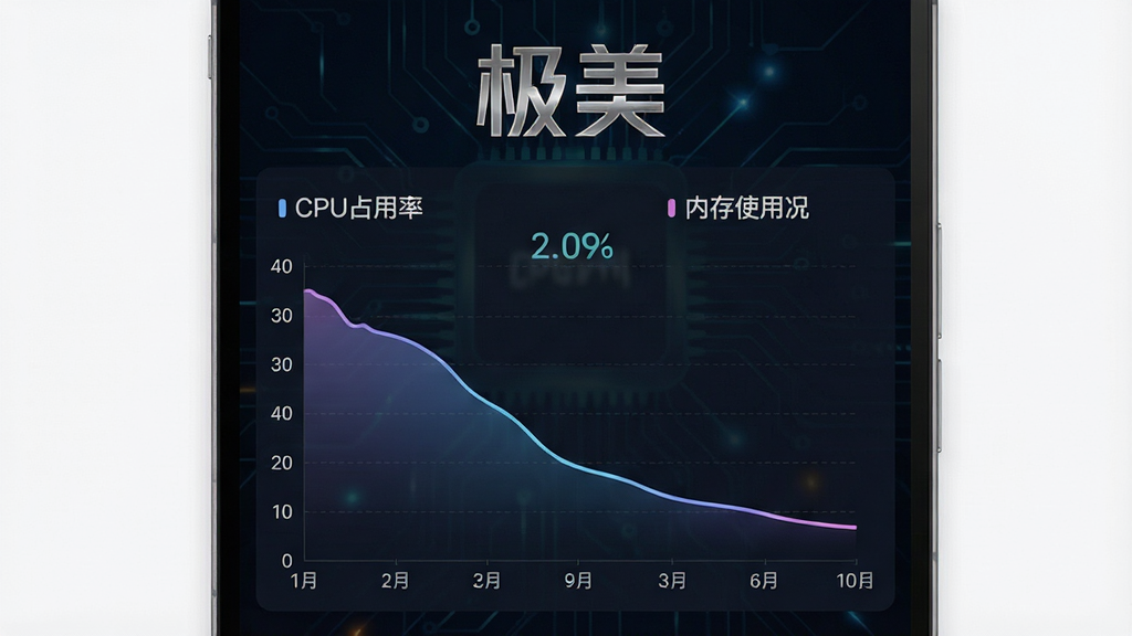 一张手机性能监控的图表图片,图表上方标注“极美”字样,展示CPU占用率和内存使用情况的曲线,曲线平滑下降,背景是深色科技感风格,数据清晰,排版专业,画质干净无多余元素。