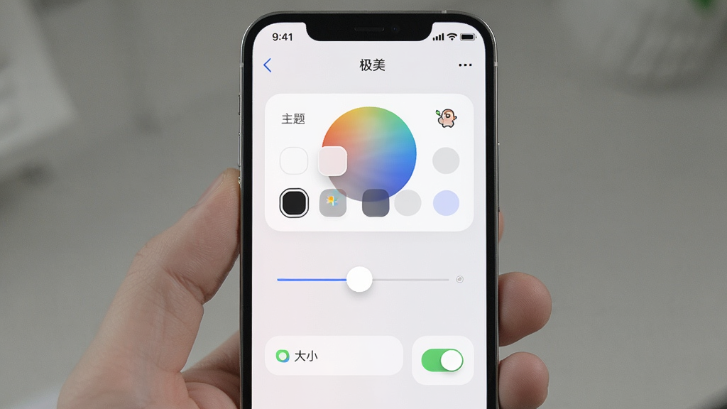 一张手机设置界面的图片,显示“极美”的个性化设置选项,包括主题色选择器、滑块调节圆角大小、开关按钮,界面以浅色背景为主,控件排列整齐,风格简洁,细节精致,画质干净无多余元素。