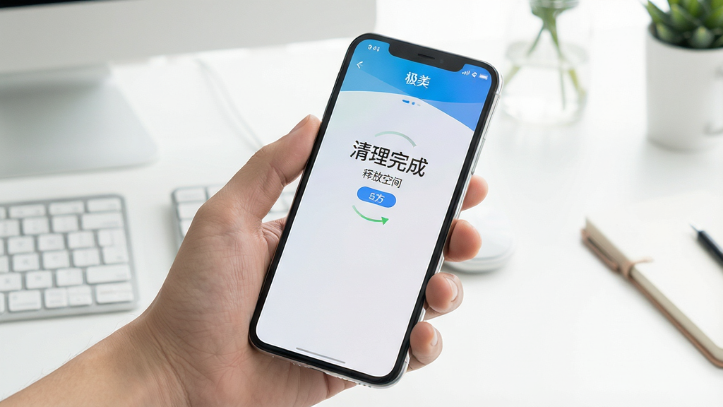 一张手机使用场景图,一只手拿着手机,屏幕上显示“极美”App的清理完成界面,界面显示“清理完成”和“释放空间”字样,背景是整洁的桌面,光线明亮,风格写实,画质干净无多余元素。