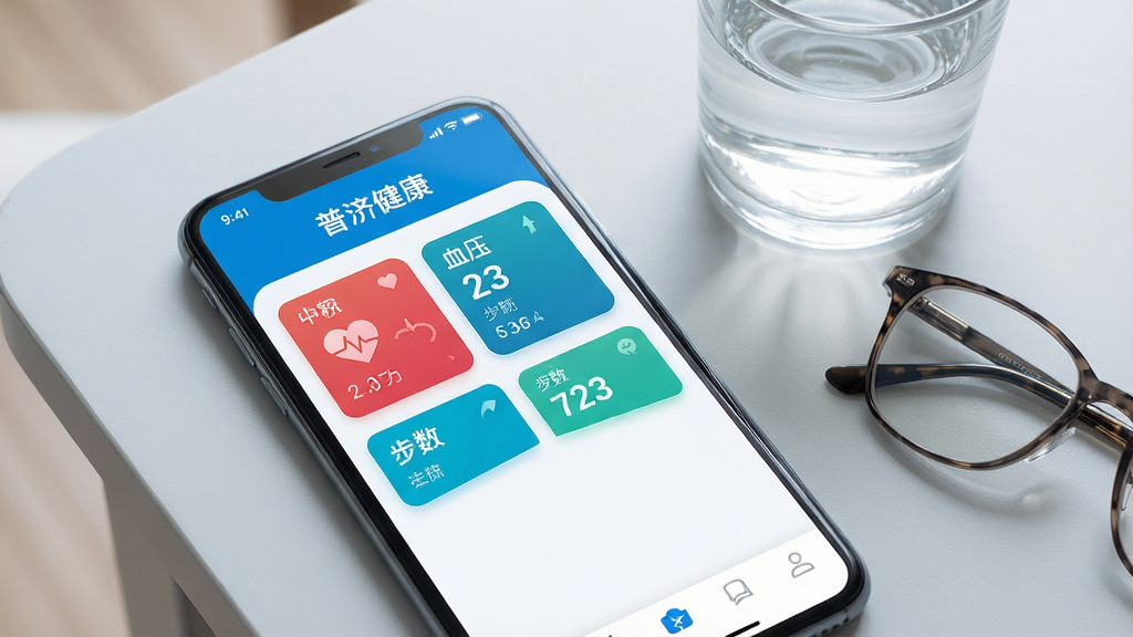 һ�������ֻ���Ļ��д����Ļ����ʾ���ռý�����App�����棬����������Ϊ��ɫ��������չʾ���ʡ�Ѫѹ�������Ƚ������ݿ�Ƭ���ֻ��Ա߷���һ��ˮ��һ���۾��������Ǽ�Լ��ǳ��ɫ���棬������ɾ����������ʸ��壬�޶���Ԫ��