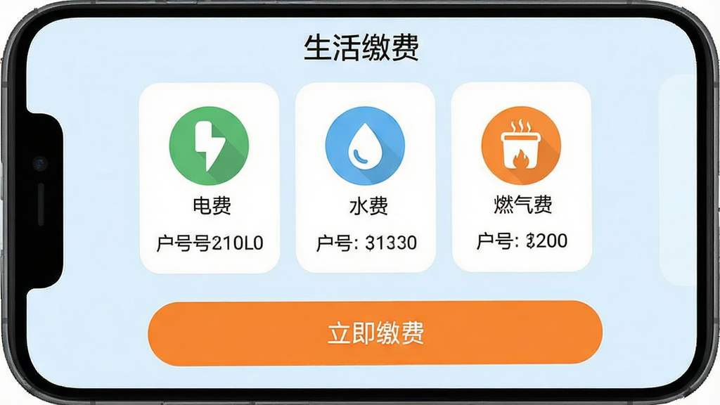 һ���ֻ������ͼ��չʾ������ȫ�ϡ�App�Ľɷ�ҳ�棬ҳ�涥��д�š�����ɷѡ��������С���ѡ�����ˮ�ѡ�����ȼ���ѡ�����ͼ�꣬ÿ��ͼ���·��ж�Ӧ�Ļ��źͽ��ײ���һ����ɫ�ġ������ɷѡ���ť������Ϊ����ɫ������ɾ����࣬��ƽ����ƣ�ϸ��Բ�󣬻��������޶���Ԫ�ء�