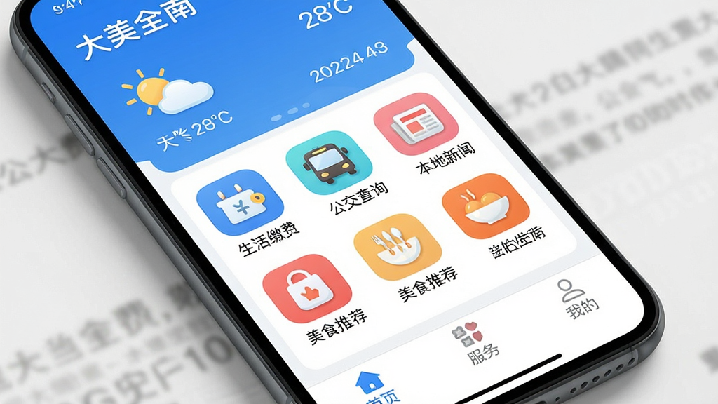 һ���ֻ���Ļ��д����Ļ��������ʾ������ȫ�ϡ�App�������棬���岼��������Ϊ��ɫ����������ʾ�������������ڣ��м��ǹ���ͼ�����񣬰���������ɷѡ�����������ѯ�������������š�������ʳ�Ƽ����ȣ��ײ��С���ҳ���������񡱡����ҵġ�����ѡ����������ִ�����ƽ����Ʒ��ͼ��Բ��ɰ������ʸɾ��޶���Ԫ�ء�