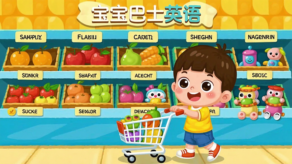 һ��չʾ��ͯ�����ⳬ�г�����ѧϰӢ��Ĳ廭��������һ����ͨС�������Ź��ﳵ�������ϰ�������Ӣ�ĵ��ʵ�ˮ������ߣ��������2D��ͨ��񣬲��ֱ�����ɫ�����죬ϸ�ڷḻ�����ʸɾ��޶���Ԫ�أ��Ϸ��������֡�������ʿӢ���