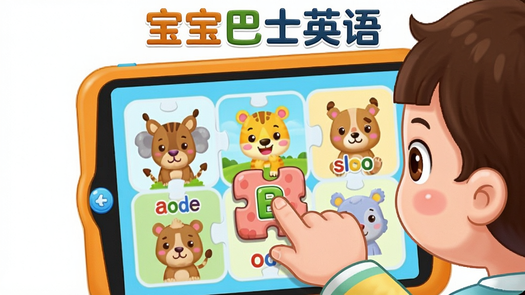 һ��չʾ��ͯ��ƽ������Ӣ��ƴͼ��Ϸ�Ļ��棬������һ����ͨС��������ָ��ק��ĸƴͼ����Ļ�ϳ��ֿɰ��Ķ���ͼ����Ӣ�ĵ��ʣ�������ÿ�ͨ��Ⱦ��񣬹�ͼ���У�ɫ�ʻ��ã�ϸ�ڷḻ�����ʸɾ��޶���Ԫ�أ�������ʾ��������ʿӢ�������