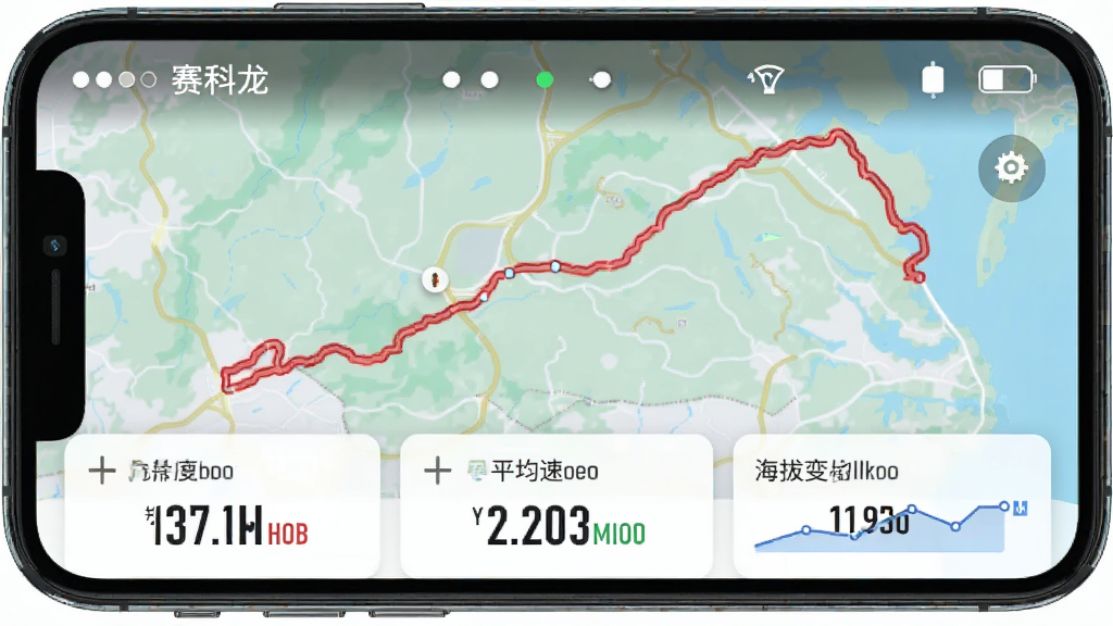 �ֻ�App��ͼ���ͼƬ��չʾ�������������й켣��¼ҳ�棬��ͼ����һ�����ѵĺ�ɫ·�ߣ��·������ݿ�Ƭ��ʾ����ٶȡ�ƽ���ٶȡ����α仯��������Ƽ���ǿ����Ϣ�������룬�����ɾ������ʾ���