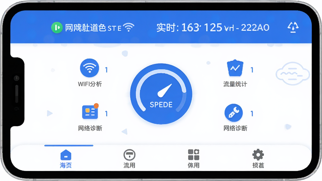 ������Ӧ�������棬������ɫ��������ʾ��ǰ����״̬ͼ���ʵʱ�������֣��в�ΪԲ�β��ٰ�ť����Χ�ֲ�WiFi����������ͳ�ơ�������ϵ�ͼ�꣬�ײ�Ϊ�ĸ�ѡ������������ִ�����ƽ����ƣ�ϸ��Բ�󣬻��ʸɾ��޶���Ԫ��