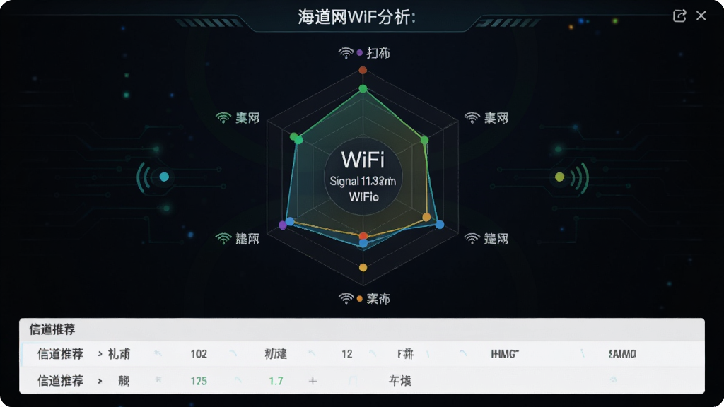 ������WiFi�������棬��Ļ����ʾһ���״�ͼ����Χ��ɨ�赽�ĸ���WiFi�ź�Դ���ò�ͬ��ɫ��Բ���ʾ�ź�ǿ�ȣ��м��Ǳ������ӵ�WiFi��Ϣ���·����ŵ��Ƽ��б�������Ϊ��ɫ�Ƽ����������������Ϣ��η��������ʸɾ��޶���Ԫ��