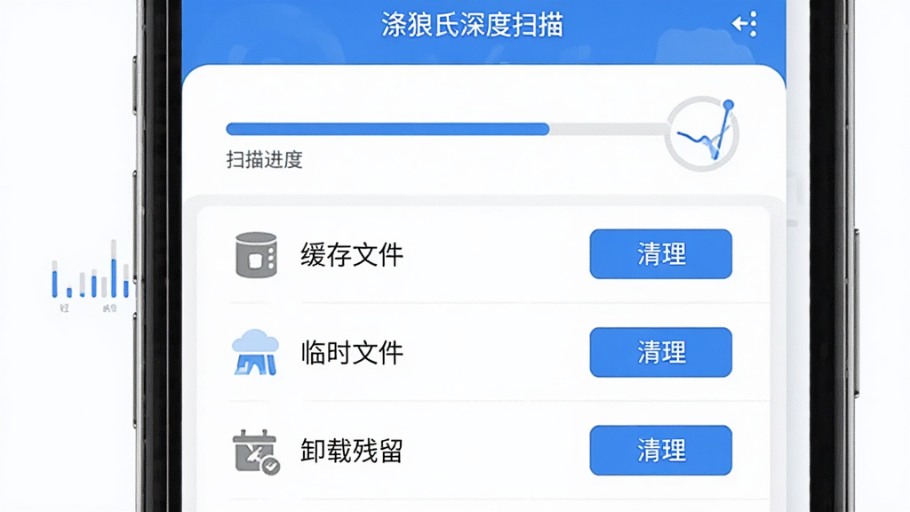 ������Ӧ�����ɨ�蹦�ܽ��棬�ֻ���Ļ��ʾɨ����������·��г����������ļ����࣬�����������ļ���������ʱ�ļ�������ж�ز�������ÿ�������������ť������������ɫ�����ݿ��ӻ����������ʸɾ����޶���Ԫ��