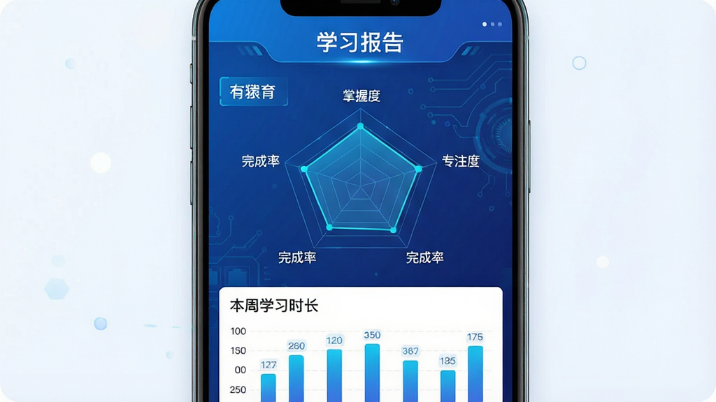 һ�š���Գ������App��ѧϰ����ҳ�棬ҳ�涥����ʾ��ѧϰ���桱���⣬�м���һ��������״�ͼ����ע�����նȡ�����רע�ȡ���������ʡ���ά�ȣ��·��Ǳ���ѧϰʱ����״ͼ��������ƿƼ���ʮ�㣬����ɫΪ��ɫ�����������������ʸɾ����޶���Ԫ�ء�