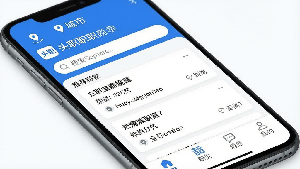 һ�������ֻ���ĻչʾͷְApp�����棬���涥����ʾ��λ���к��������м����Ƽ�ְλ��Ƭ�б�����Ƭ����ְλ���ơ�н�ʡ���˾���;��룬�ײ�������Ϊ��ҳ��ְλ����Ϣ���ҵģ�����UI������ִ�����ɫ��Ϊ���ף����ʸɾ��޶���Ԫ�أ�����ͻ����ͷְ��Logo�ͽ�������